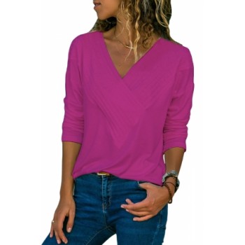 Black Long Sleeve V Neck Casual Top Red Purple Yellow